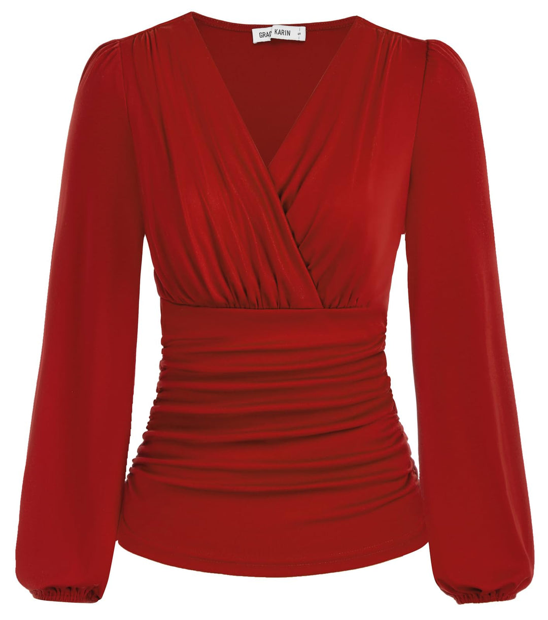 GRACE KARIN Damen V-Ausschnitt Bluse Elegant Wickelbluse Laterne Langarm Slim Fit Plissee-Top Tunika