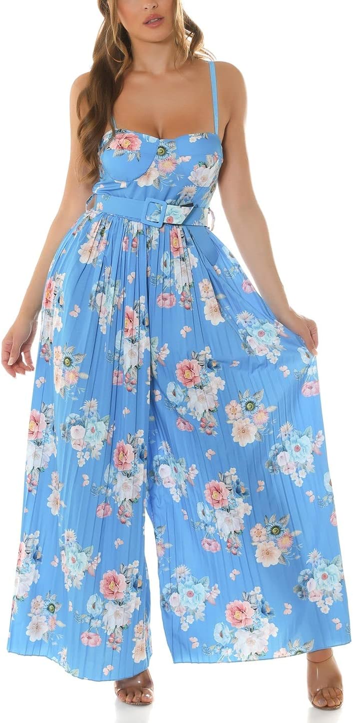 Koucla Flower Printed Plissee Extreme Marlene Jumpsuit Overall mit Gürtel Einheitsgrösse Blau, Einhe