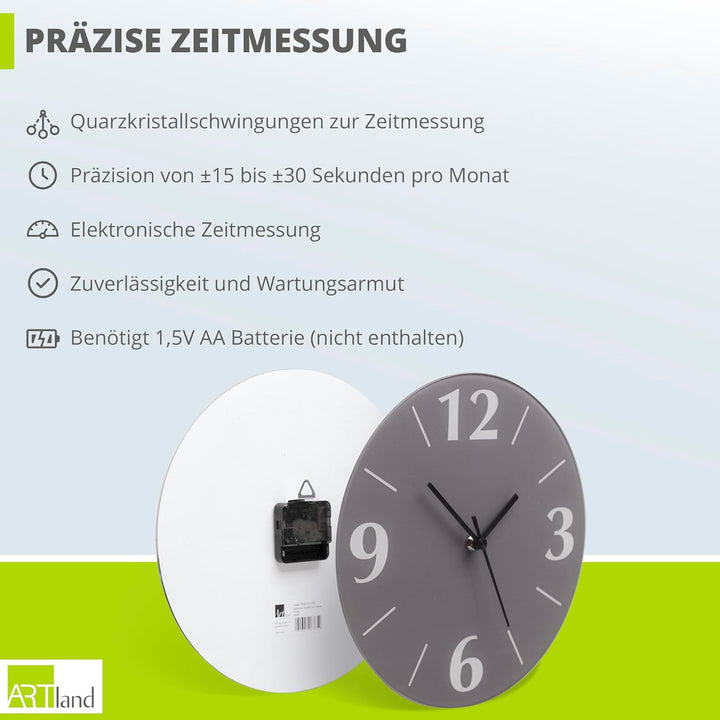 ARTLAND Wanddeko Wanduhr ohne Tickgeräusche aus Glas Quarzuhr Ø 30 cm Rund Lautlos Trendfarbe Grau-B