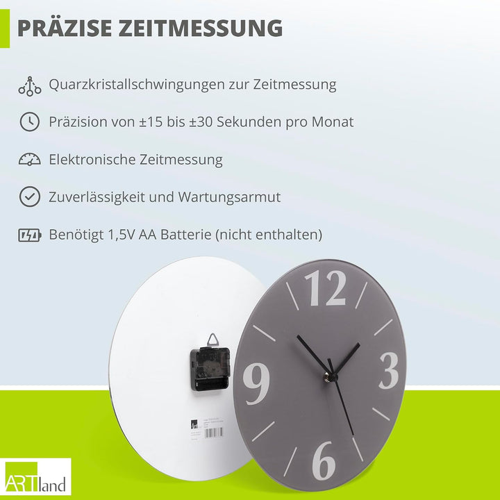 ARTLAND Wanduhr ohne Tickgeräusche Glas Quarzuhr Ø 30 cm Rund Lautlos Orchidee Zen Pflanze Spa Stein