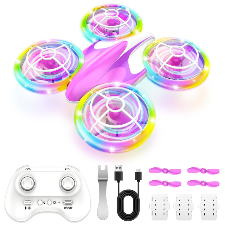 Mini Drohne für Kinder Spielzeug ab 6+ Jahre, Mini Drone Set mit 7 LED Lichteffekte, 3 Akkus, Indoor