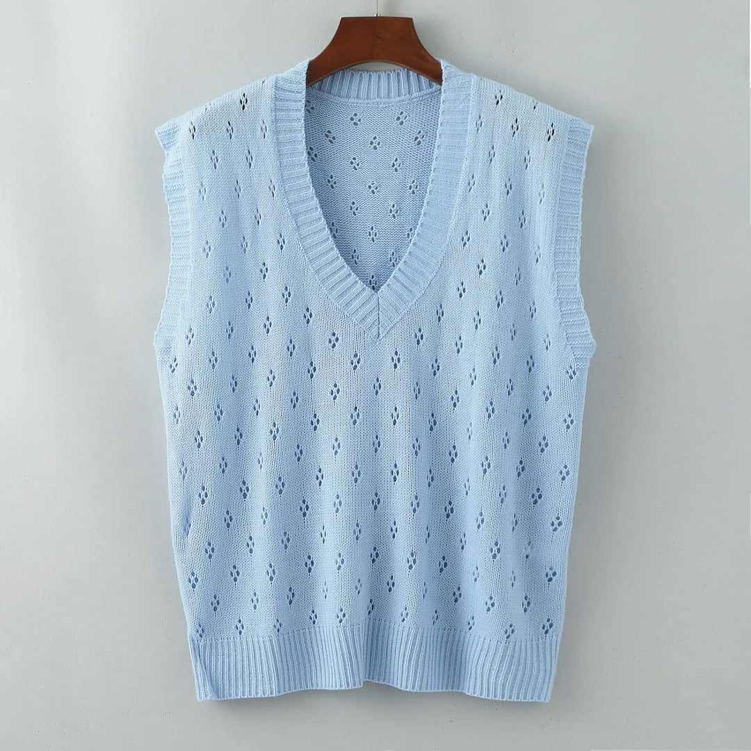 Ärmellose Strickweste für Damen, V-Ausschnitt, College-Pullover, Übergrösse Blau S, Blau S