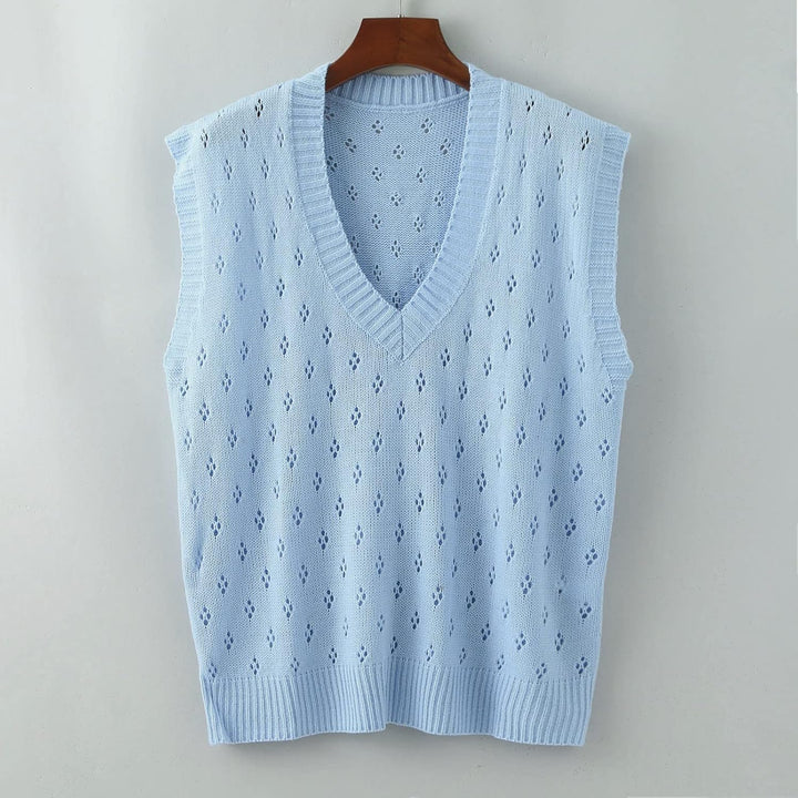 Ärmellose Strickweste für Damen, V-Ausschnitt, College-Pullover, Übergrösse Blau S, Blau S