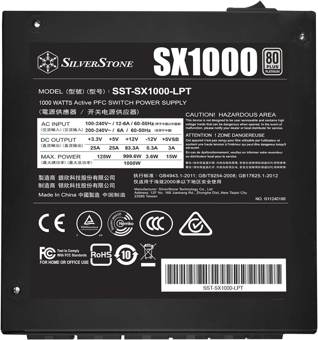 Silverstone SX1000 Platinum, 1000W SFX-L Vollständig modulares 80-Plus-Platinum-Netzteil, SST-SX1000