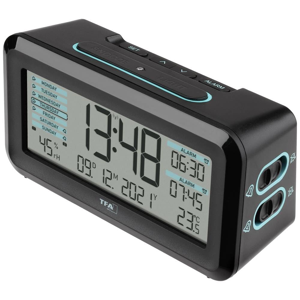 TFA Dostmann Funk-Wecker Boxx2 digital, 60.2562.01.GB, mit Akku, 2 Alarmzeiten, englisches Display,