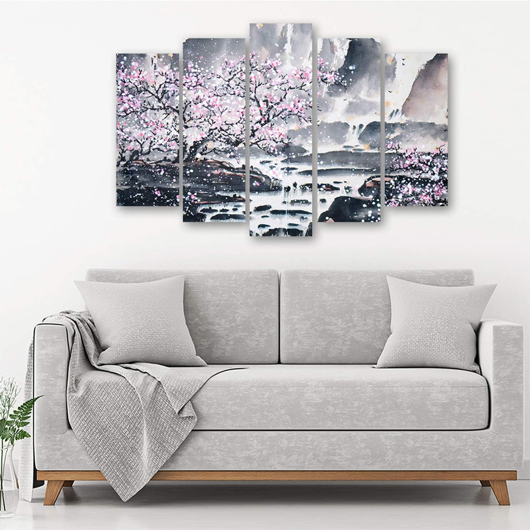Feeby Frames, Leinwandbild Bilder Wand Bild - 5 Teile - Wandbilder Kunstdruck (KIRSCHBAUM, ROSA, GRA