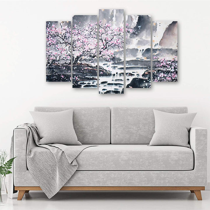 Feeby Frames, Leinwandbild Bilder Wand Bild - 5 Teile - Wandbilder Kunstdruck (KIRSCHBAUM, ROSA, GRA