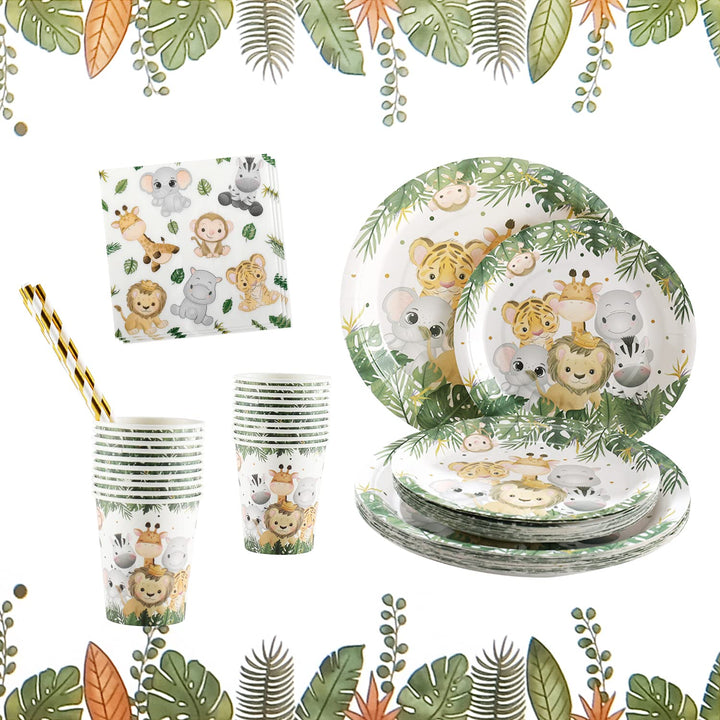 Dschungel Safari Partygeschirr Set,Junge Einweggeschirr Set 100 Stück Papier Teller Tassen Serviette