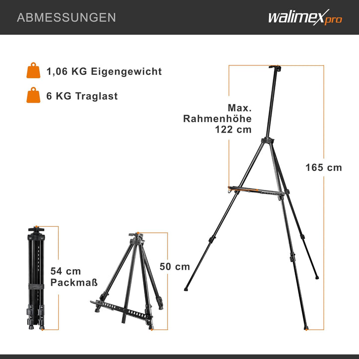 Walimex pro Staffelei L 50-165 cm, Leinwandstaffelei aus Aluminium inkl. Transporttasche, Feldstaffe