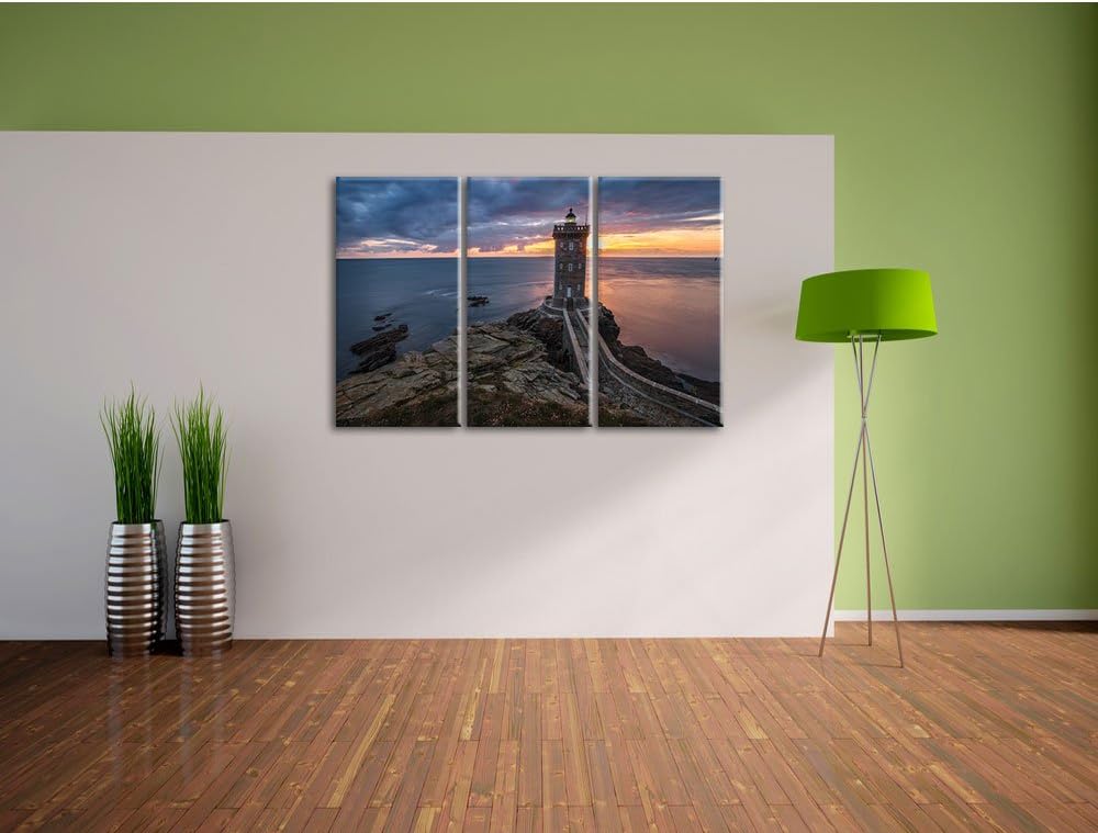 Pixxprint Leuchtturm im Sonnenuntergang / 3-Teilig/Gesamtmass 120cm Leinwandbild bespannt auf Holzra