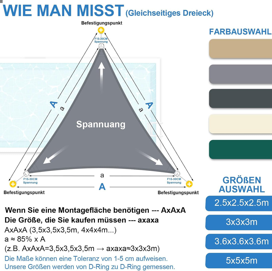 3x3x3m Sonnensegel Dreieck Wasserdicht Sonnenschutz, Hellgrau | 95% UV Schutz, Regenschutz, Sunsegel