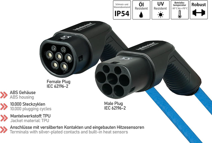 Kabelmeister Typ 2 Ladekabel | 5m Sprialkabel - blau | 11 kW - für Elektro- und Hybridfahrzeuge - 16
