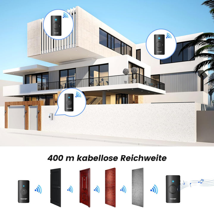 TECKNET Funkklingel 2 Empfänger, 400m Reichweite IP67 Funkklingel aussen wasserdicht, Funkklingel Ba