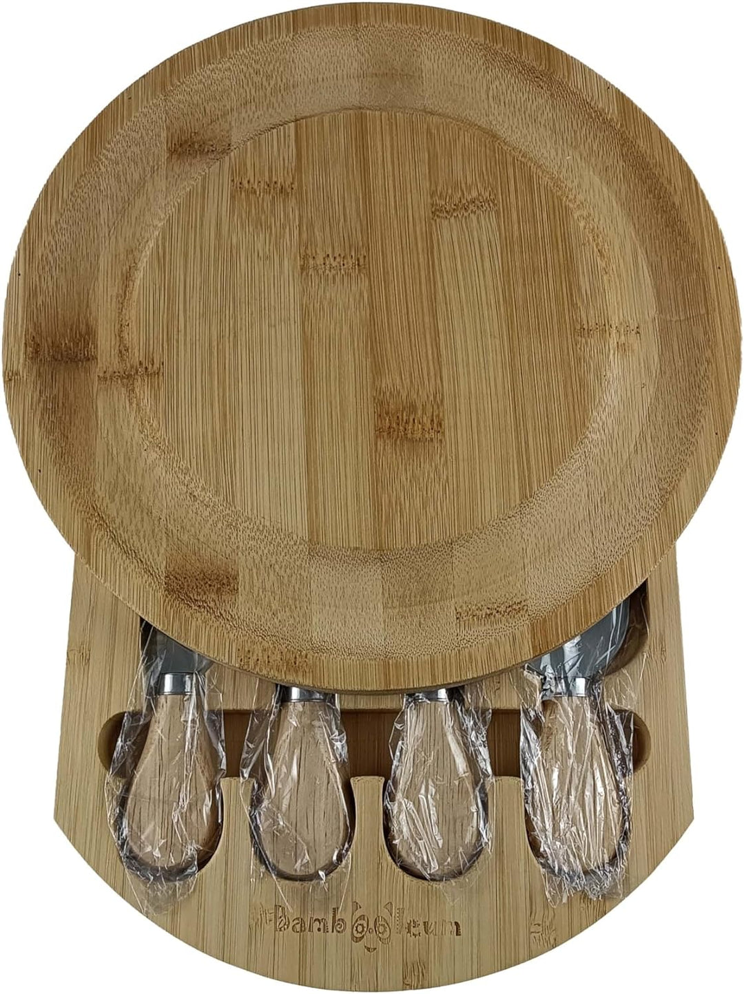 BAMBOOLEUM® Rundes Bambus Schneidebrett mit vier Messern Set in Magnet geschlossene Schubladen