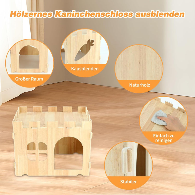 FHTONGE Grosse Kaninchenhaus, Hasen Spielhaus zum Verstecken Holz Häuschen für Kaninchen, Kaninchens