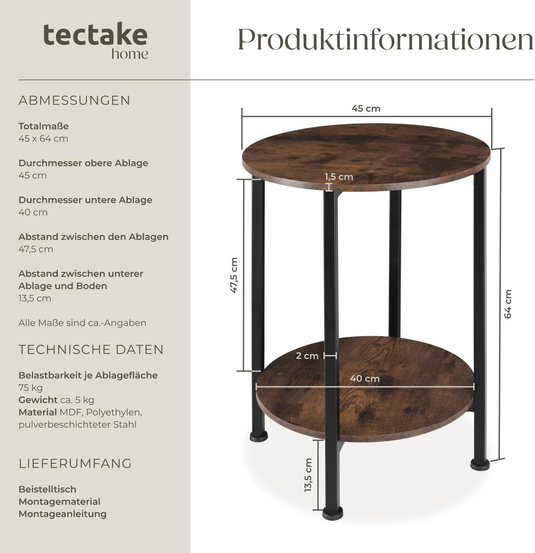 tectake Beistelltisch rund aus Holz und Metall, Industrie-Design, Couchtisch mit 2 Ablagen, für Wohn