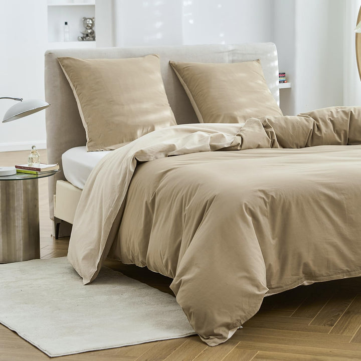 Simple&Opulence Bettwäsche 135x200 Leinen und Baumwolle, Bettwäsche-Sets Leinen Khaki 3 Teilig mit R