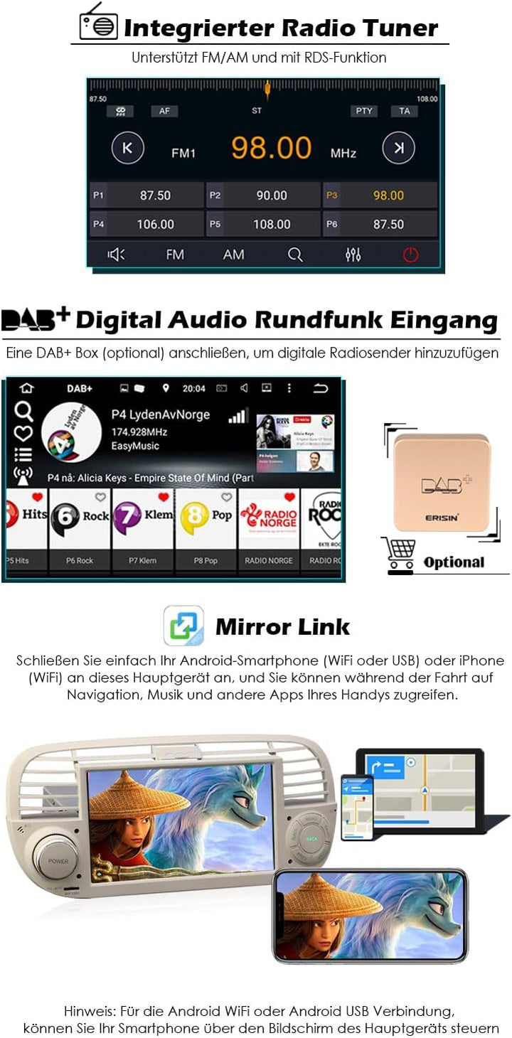 Erisin Quad Core Android 10 7 Zoll Autoradio Mit GPS Navi für FIAT 500X Auto Multimedia Player Touch