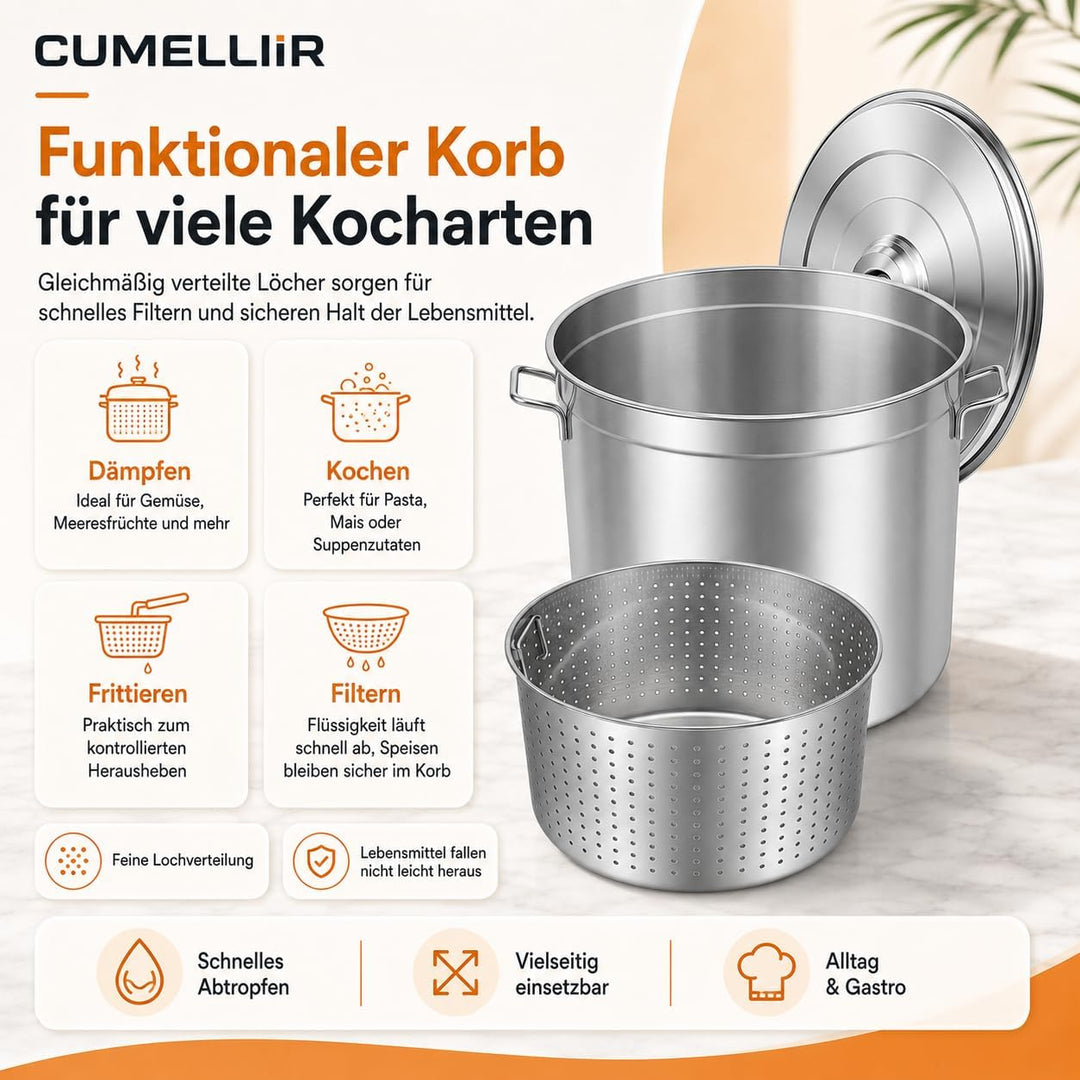 Edelstahl Kochtopf 50 Liter, Suppentopf Gross Mit Korb And Deckel, Grosser Topf Für Induktionsherden