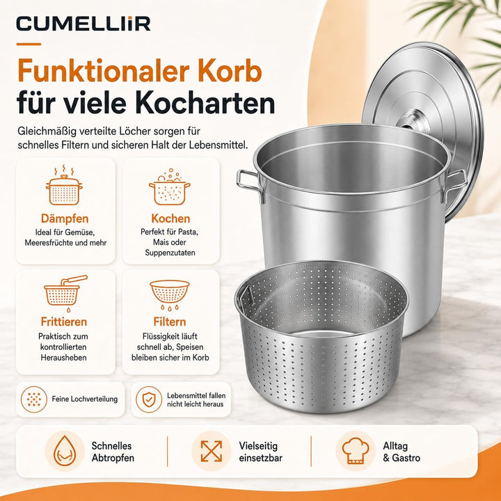 Edelstahl Kochtopf 50 Liter, Suppentopf Gross Mit Korb And Deckel, Grosser Topf Für Induktionsherden