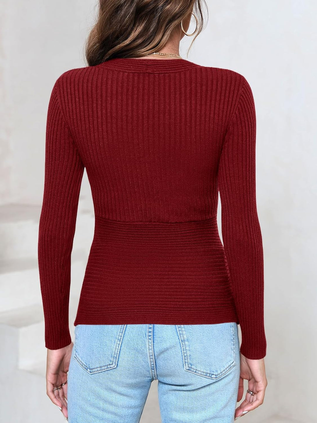 Wenrine Damen Pullover Tiefer V-Ausschnitt Wickel Sexy Strickpullover Herbst Winter Langarmshirt Sli
