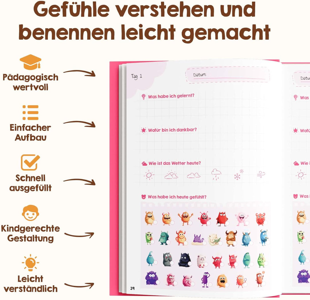 Edubini Gefühlstagebuch Kinder [6-12 Jahre] - Tagebuch Mädchen & Jungs - Gefühle Buch für Umgang mit