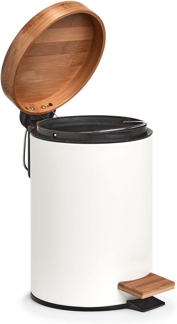 Kosmetikeimer aus Metall mit Bambusdeckel, weiss, 3 Liter | Absenkautomatik Weiss Ø16,8 x 24 cm, Wei