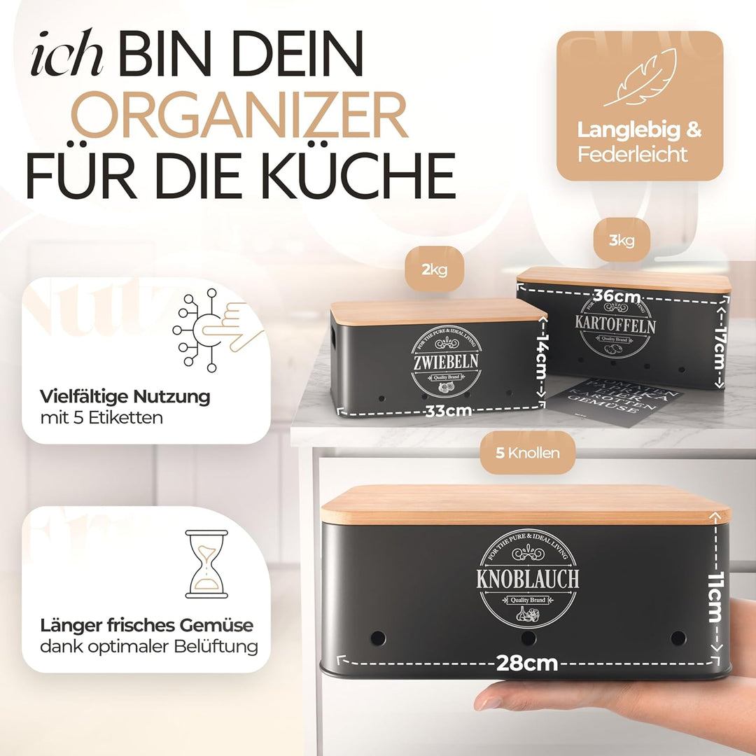 IDEALTASTIC® Premium Kartoffel Aufbewahrungsbox [3 Stück] I Vielseitiges Kartoffeltopf Set mit 360°