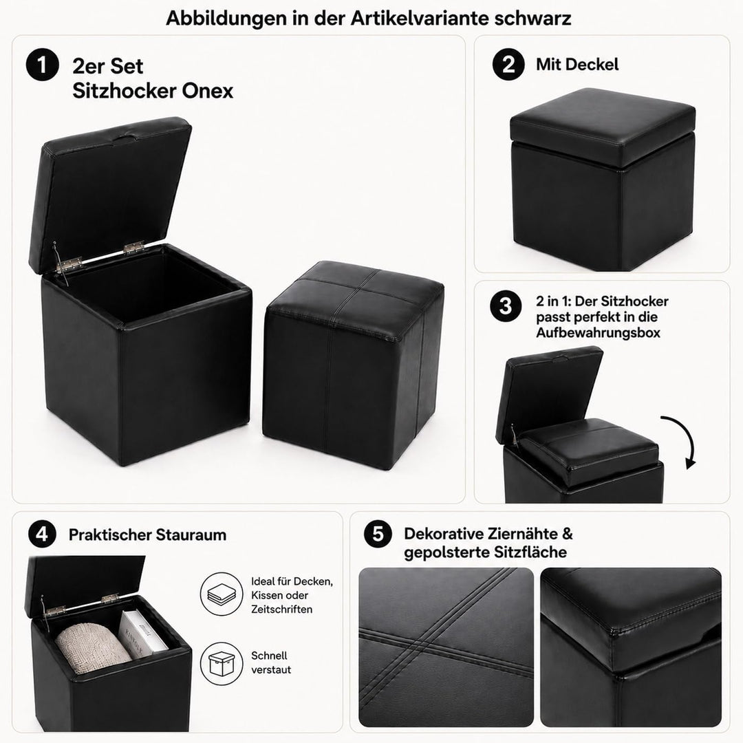 Mendler 2er Set Hocker Sitzwürfel Sitzhocker Aufbewahrungsbox Onex, Leder + Kunstleder, 45x44x44cm -