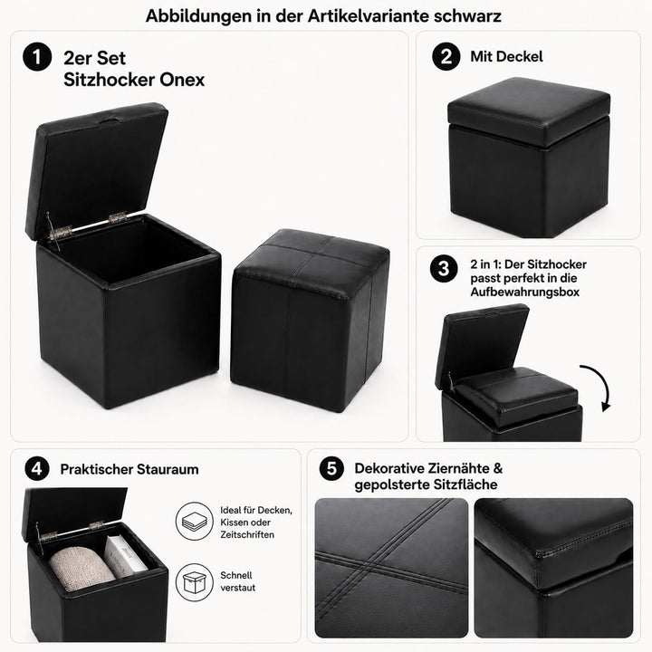 Mendler 2er Set Hocker Sitzwürfel Sitzhocker Aufbewahrungsbox Onex, Leder + Kunstleder, 45x44x44cm -