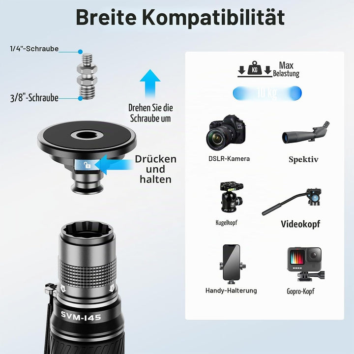 SIRUI SVM-145 Einbeinstativ Kohlefaser Kamera, 145cm Carbon monopod Rapid System Einstufige Höhenver