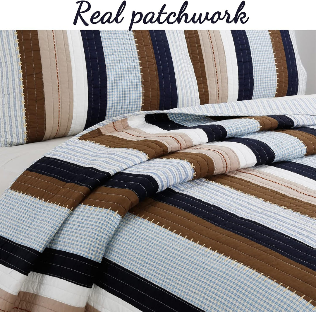 Cozy Line Home Fashions Nathan Bettwäsche-Set, Marineblau/Blau/Weiss/Braun, kariert, gestreift, 100