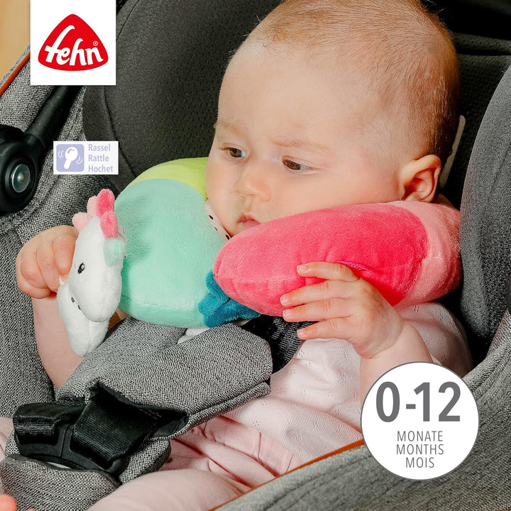 Fehn Nackenstütze Einhorn – Nackenkissen mit kleinem Rassel-Tier – Ergonomische Form des Nackenhörnc