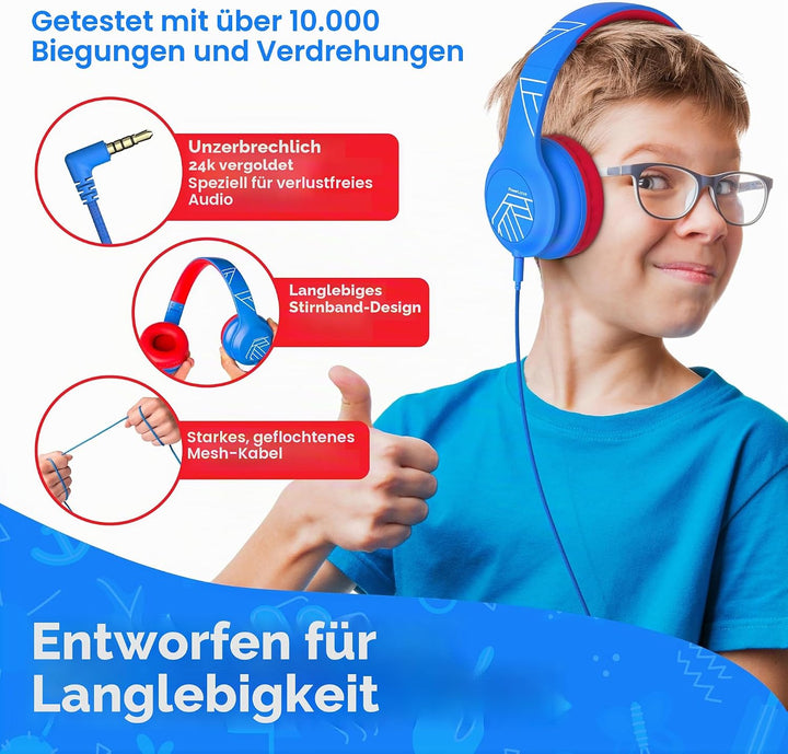 PowerLocus Kinder Kopfhörer mit Kabel, 85/94dB Sichere Lautstärke, 3.5mm Aux Jack, Hi-Fi Stereo, Hoc