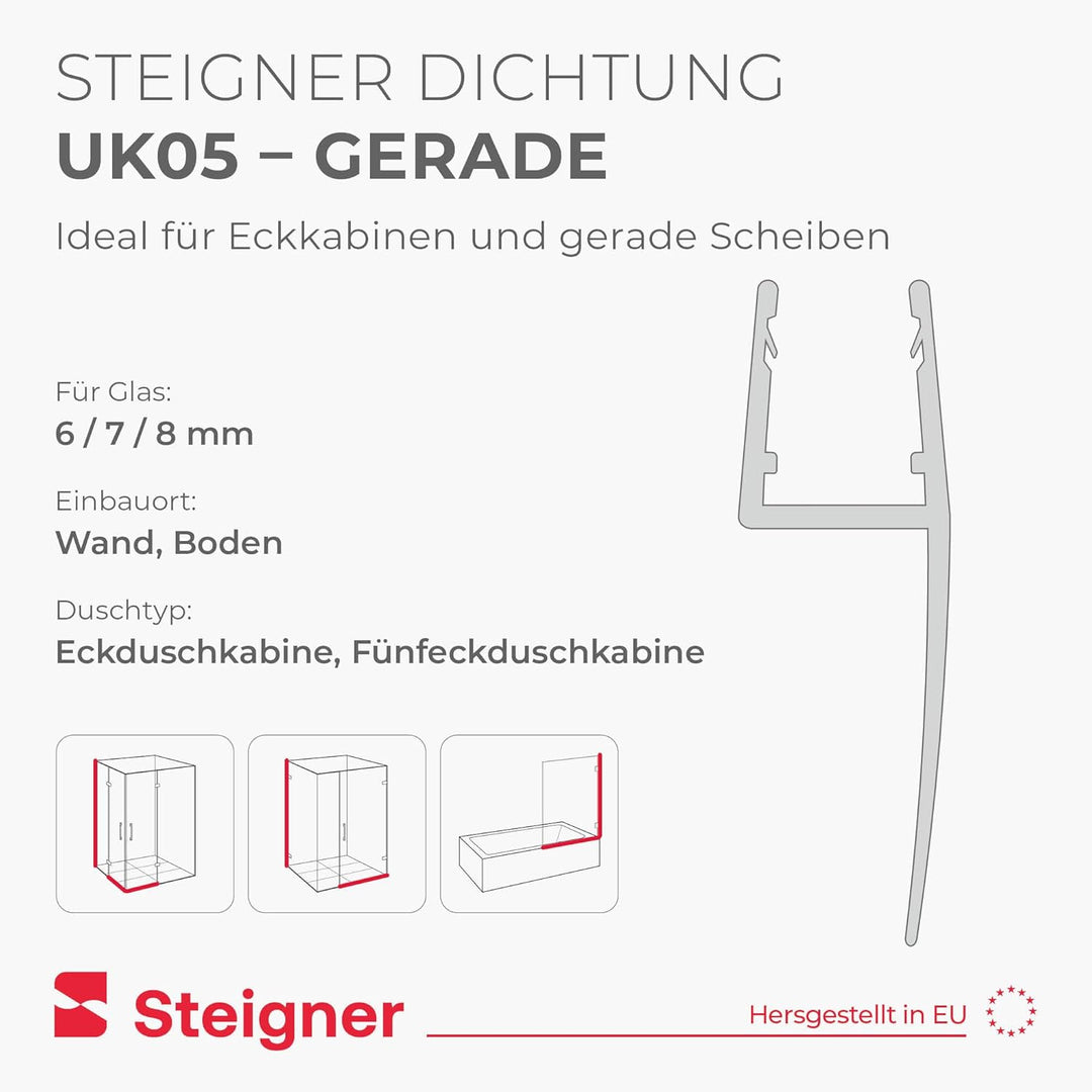 STEIGNER Duschtürdichtung 150 cm UK05 (1 Stk.) - Dichtung gerade für Eckeinstieg Dusche oder Fünfeck