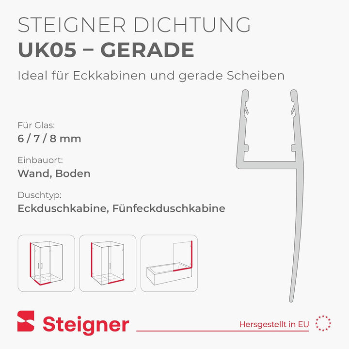 STEIGNER Duschtürdichtung 150 cm UK05 (1 Stk.) - Dichtung gerade für Eckeinstieg Dusche oder Fünfeck