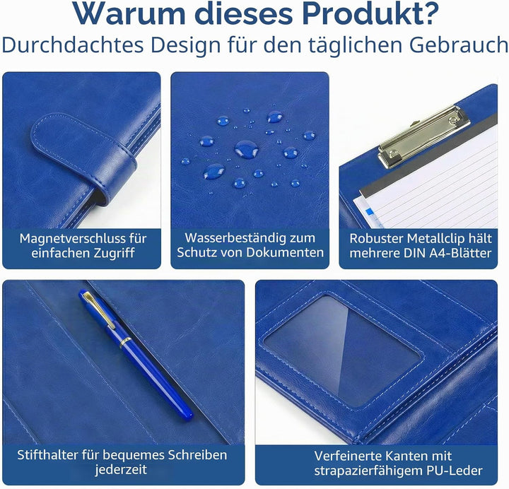 Klemmbrettmappe A4 aus PU-Leder, Magnetische Faltbare Clipboard Schreibmappe mit Deckel, Stiftehalte
