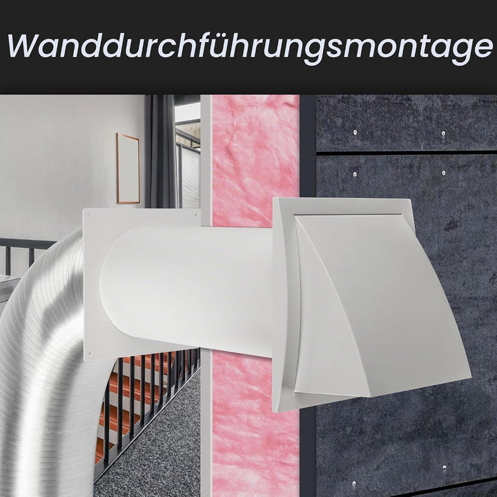 100 mm Durchgangs-Belüftungsset – verstellbar – Lamellentlüftungshaube mit Rohr und Kanalanschluss –