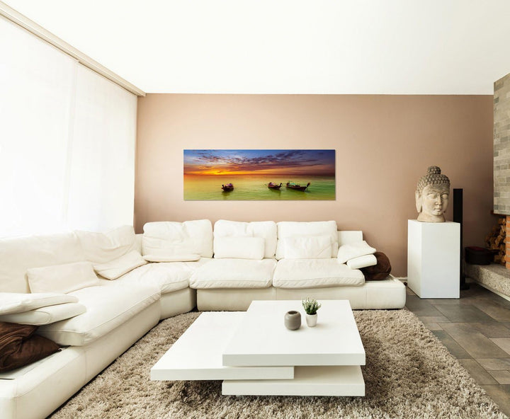 Paul Sinus Art Panoramabild auf Leinwand und Keilrahmen 150x50cm Thailand Strand Meer Boote Abendrot