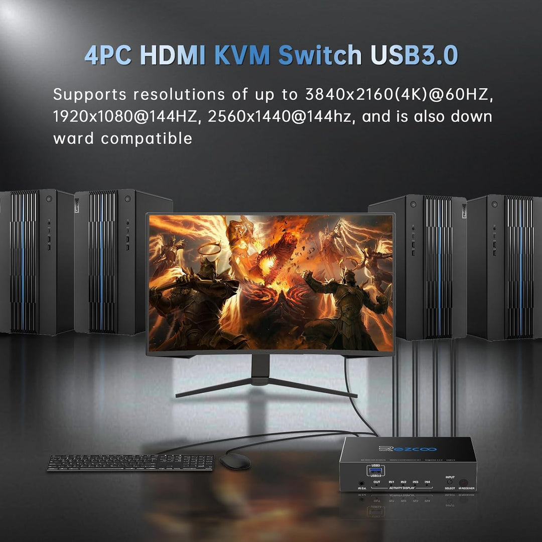 USB3.0 HDMI KVM Switch 4 Port 4 In 1 Out 4K 60Hz 4 In 4 Out SPDIF 5.1 Audio Breakout Mouse/Keyboard/