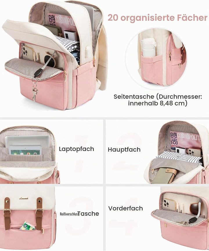 LOVEVOOK Rucksack Damen Rosa, Laptop Schulrucksack 15,6 Zoll, Wasserdichter Tagesrucksack, Schultasc