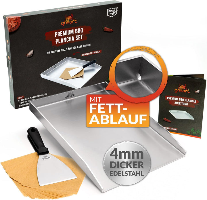 grillart® Premium Plancha Grillplatte mit Grillspachtel aus massiven 4mm Edelstahl – 30x40cm Univers