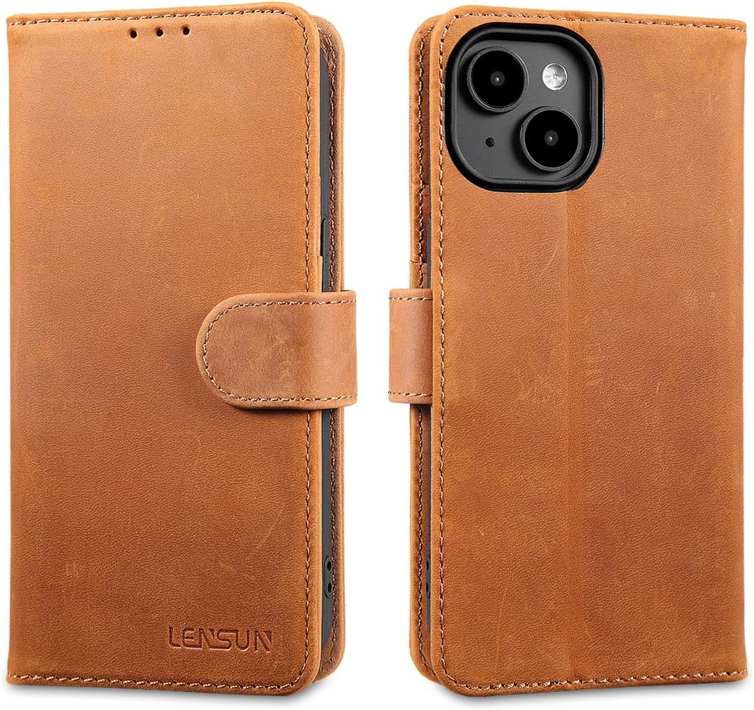 LENSUN Echtleder Hülle für iPhone 15, Handyhülle [Echtes Leder][Kartenfach][RFID Schutz] Handytasche