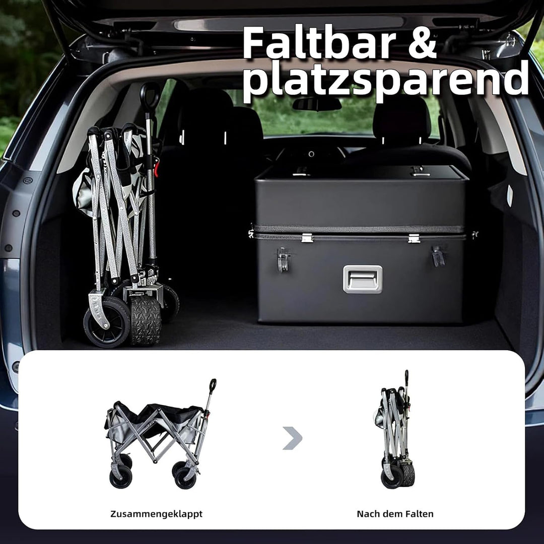 Bollerwagen Faltbar – Tragkraft 272 kg, mit Bremsen, Getränkehalter, Verstellbarem Griff, All Terrai
