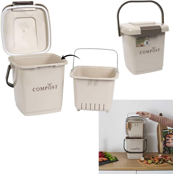 JE CHERCHE UNE IDEE, ME0021, Kompostbehälter mit perforiertem Eimer und Deckel, 8-Liter-Kompostbehäl