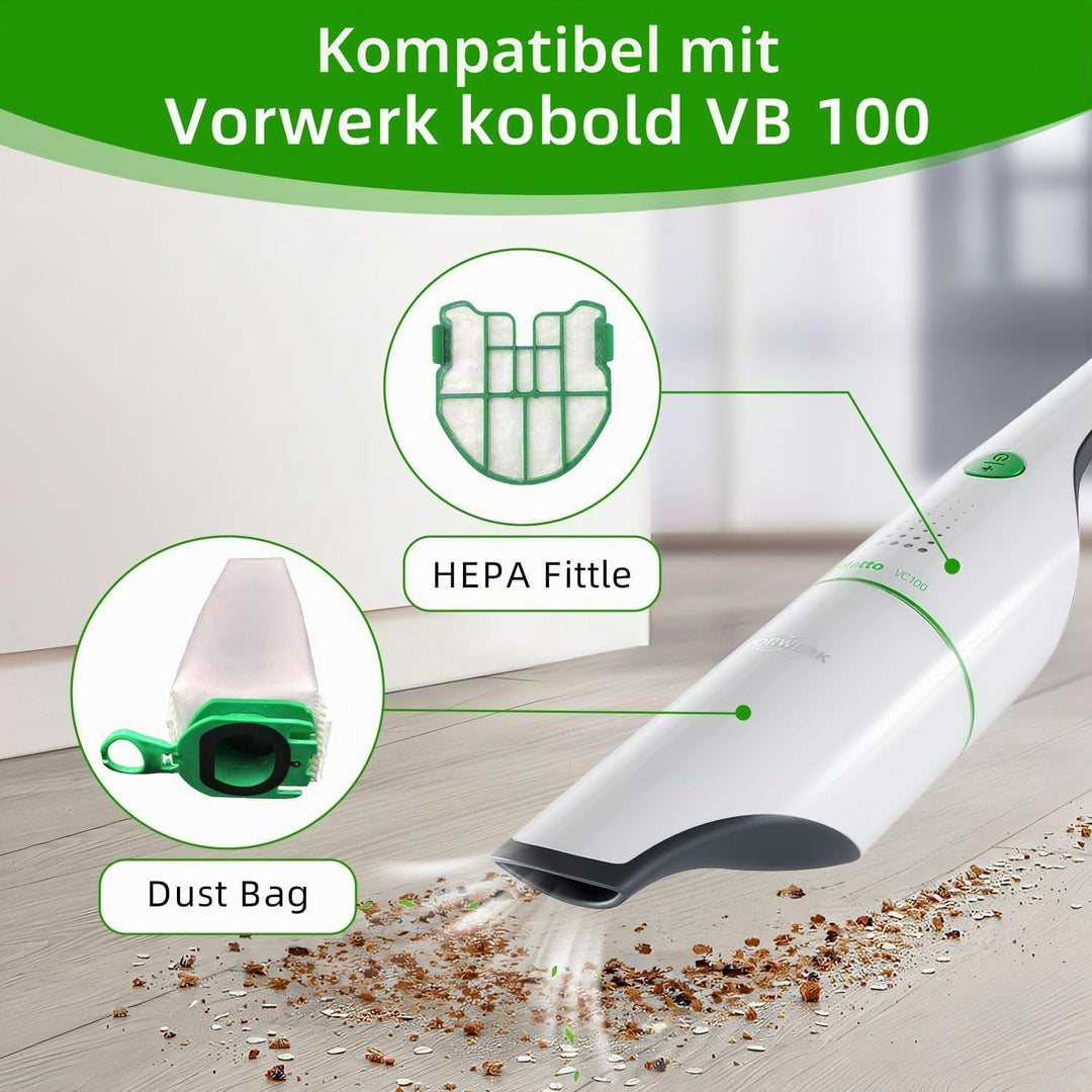 12 Stück Staubbeutel für Vorwerk Kobold VB100,Staubsaugerbeutel,Mit 4 Motorfiltern, 2 Bürsten, Staub