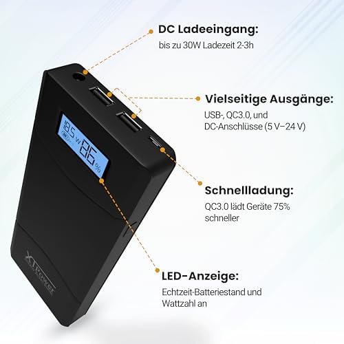 XTPower® XT-20000QC3-PA Powerbank inkl. Netzteil - moderner DC + USB QC3 Akku mit 20400mAh - 1x USB,
