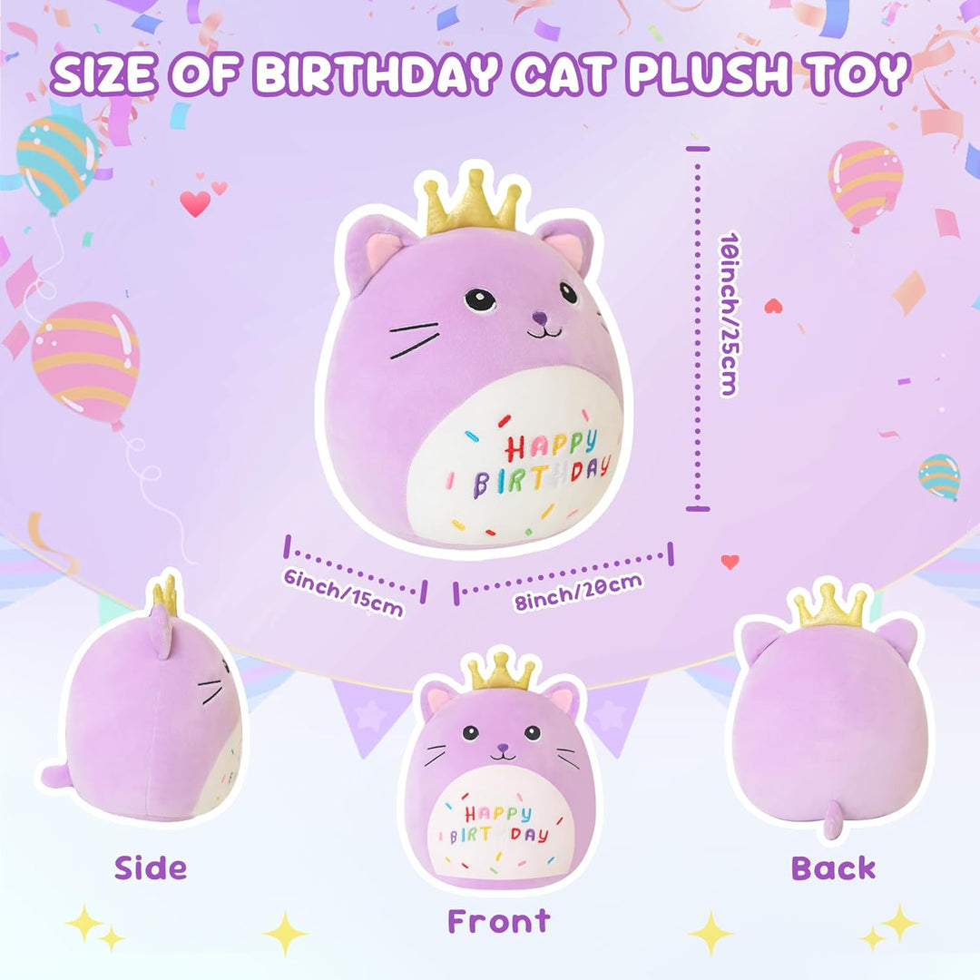 SQEQE Happy Birthday Stuffed Animal 10" Cat Soft Toys with Crown Cute Plush Pillow Cat Plush Toy for