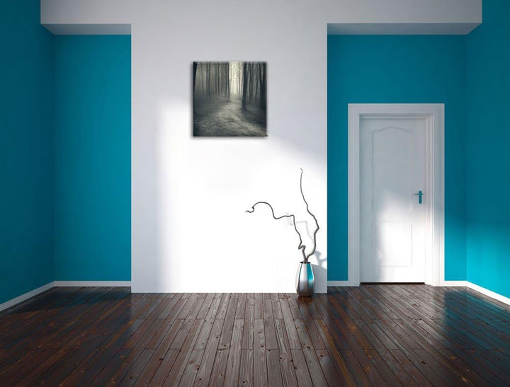 Pixxprint Düstere Landschaft schwarz weiss, Format: 70x70 auf Leinwand, 70x70