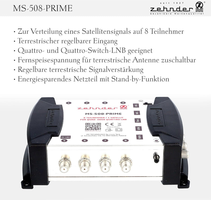 Zehnder 5/8 Multischalter 8 Teilnehmer 1 Satellit - Regelbare Terrestrik - Quattro und Quad LNB geei